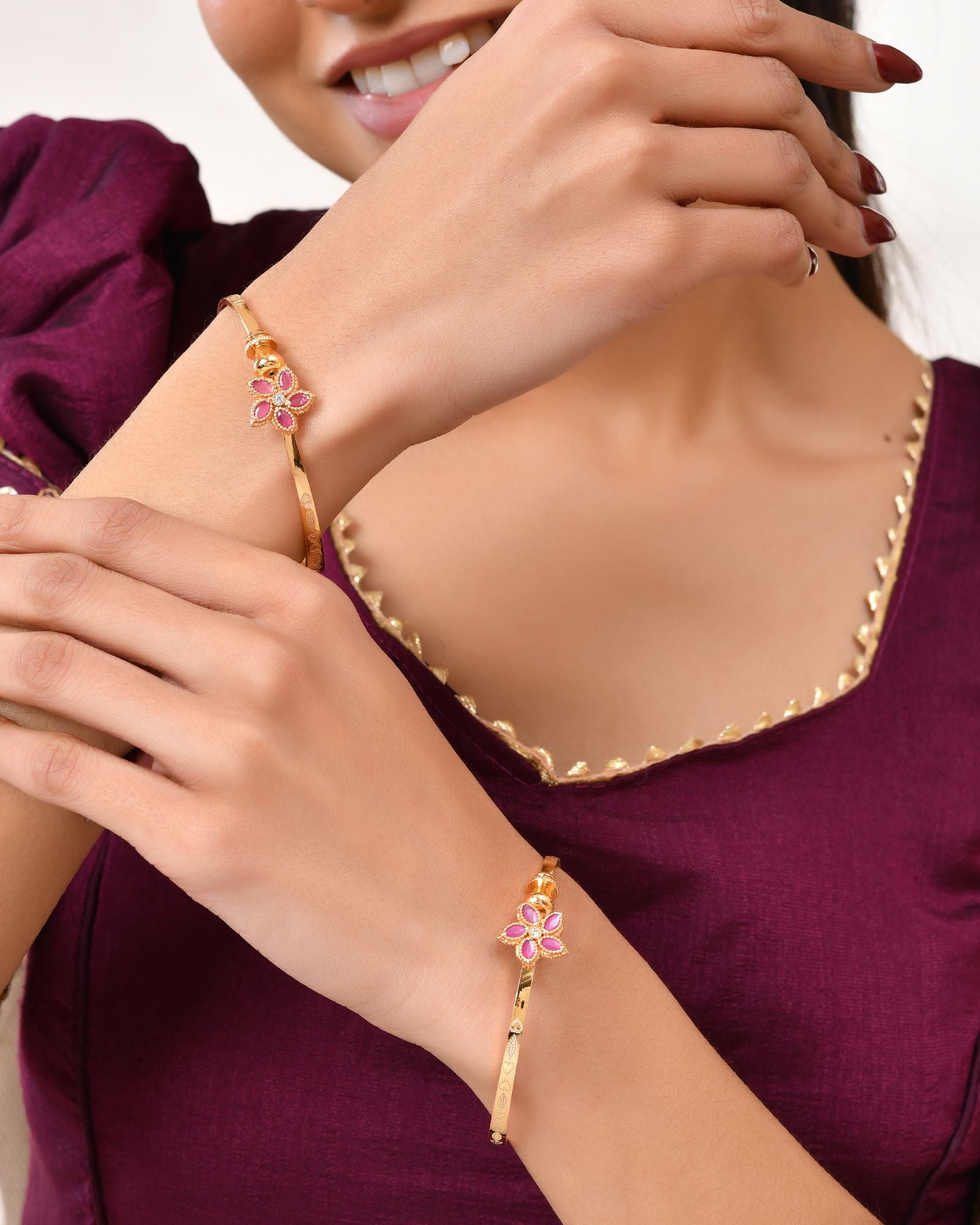 Jewels Nest Gold Finish Floral Stone Bangles For Women | Traditional Designer Pair - Distacart