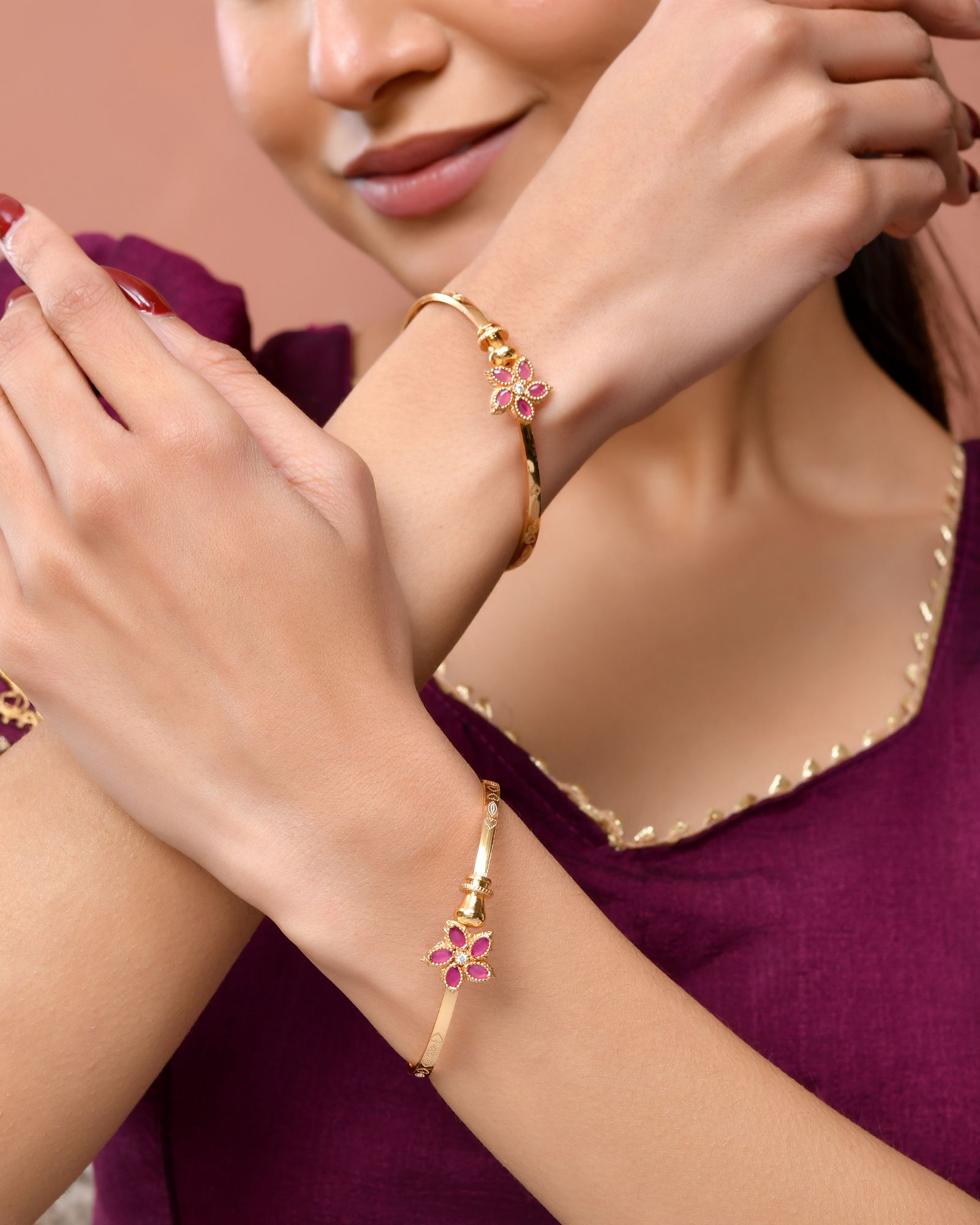 Jewels Nest Gold Finish Floral Stone Bangles For Women | Traditional Designer Pair - Distacart
