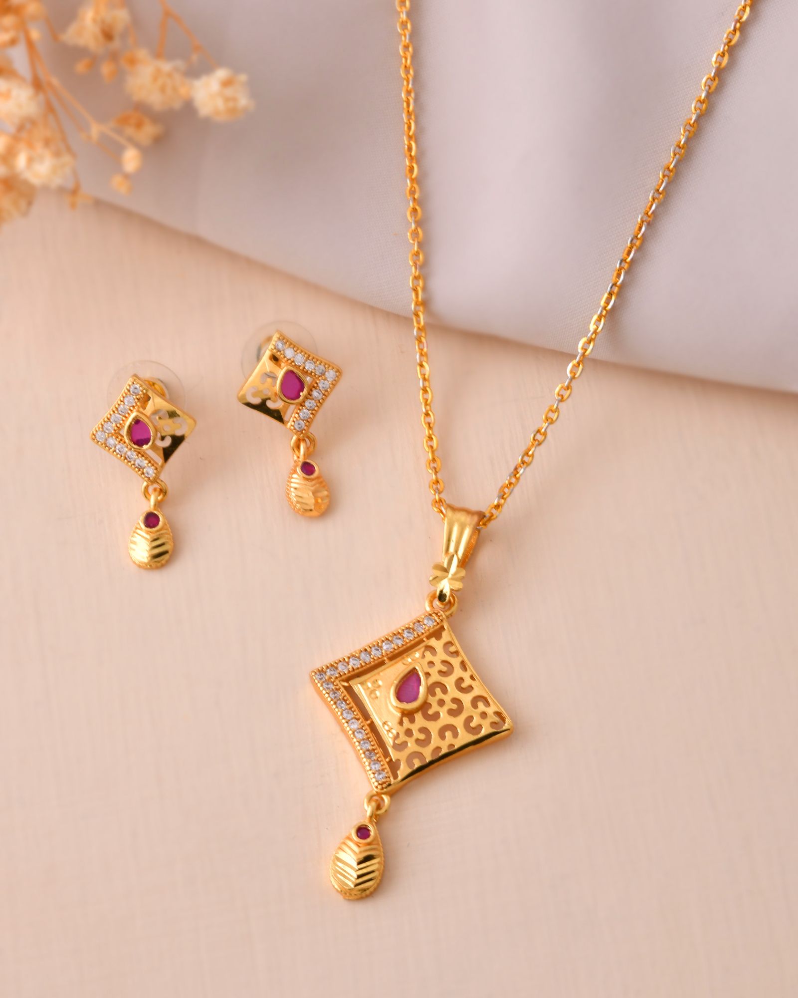 Jewels Nest Gold Finish Square Pendant Necklace Set With Stone Stud Earrings For Women - Distacart