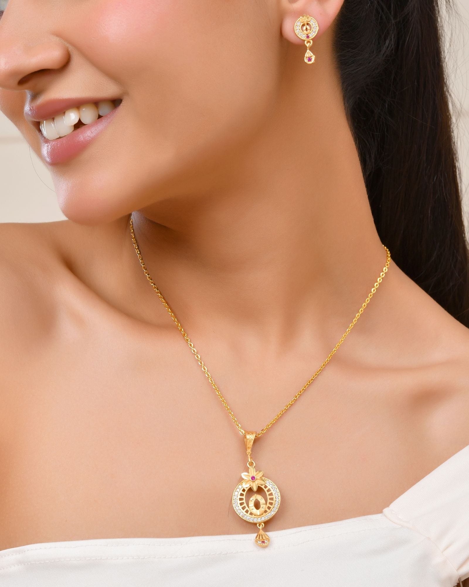 Jewels Nest Gold-Plated Circular Pendant Necklace With Matching Stud Earrings For Women - Distacart