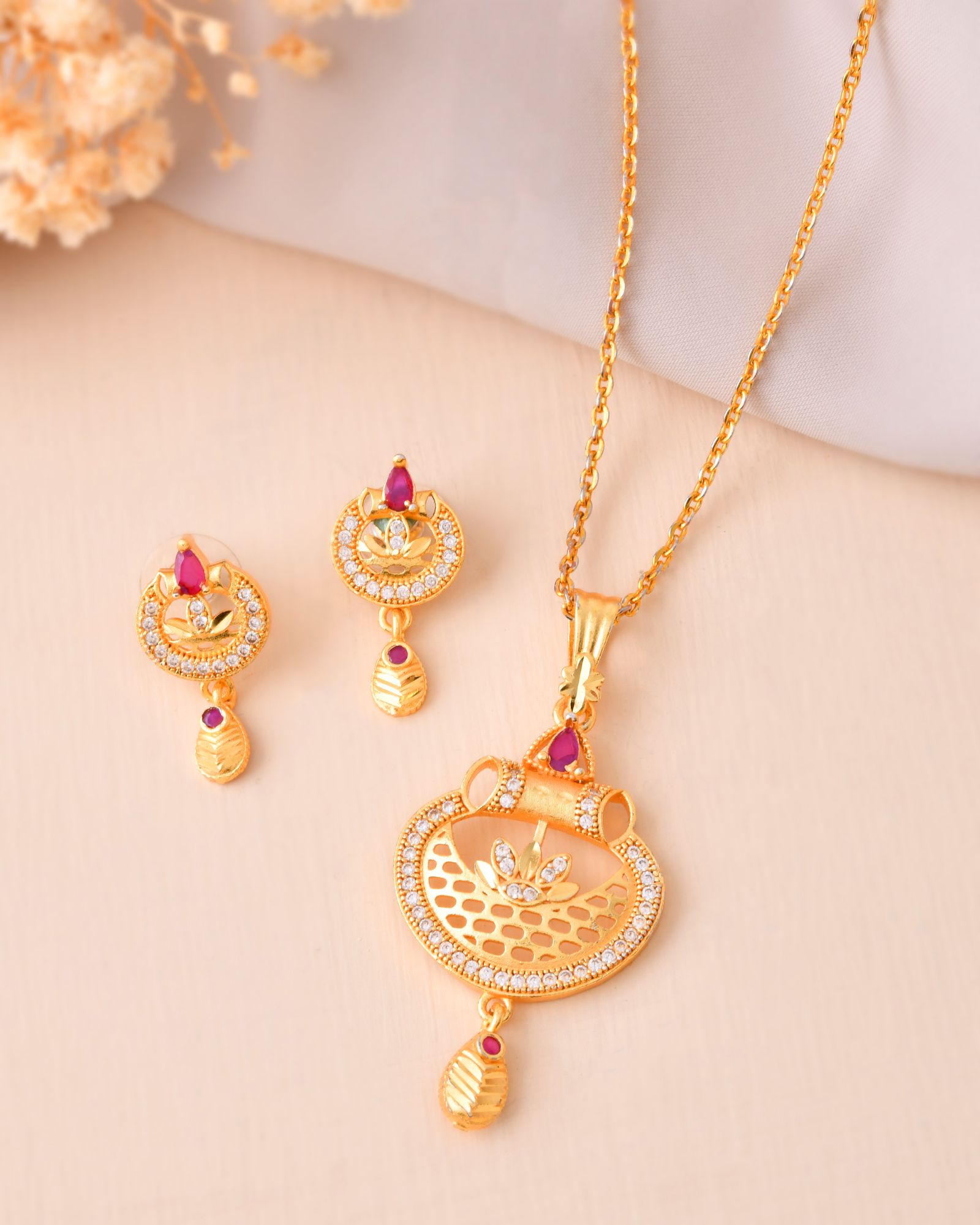 Jewels Nest Gold-Plated Traditional Pendant Necklace Set With Matching Earrings For Women - Distacart