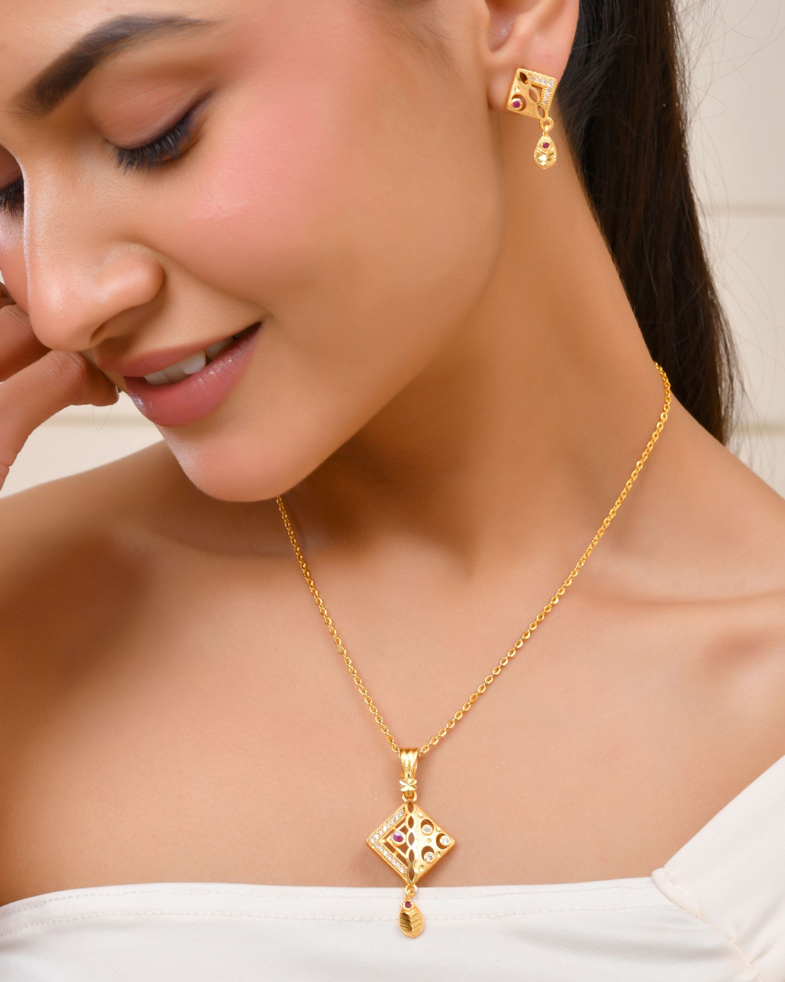 Jewels Nest Gold-Plated Square Pendant Necklace Set With Matching Earrings For Women - Distacart