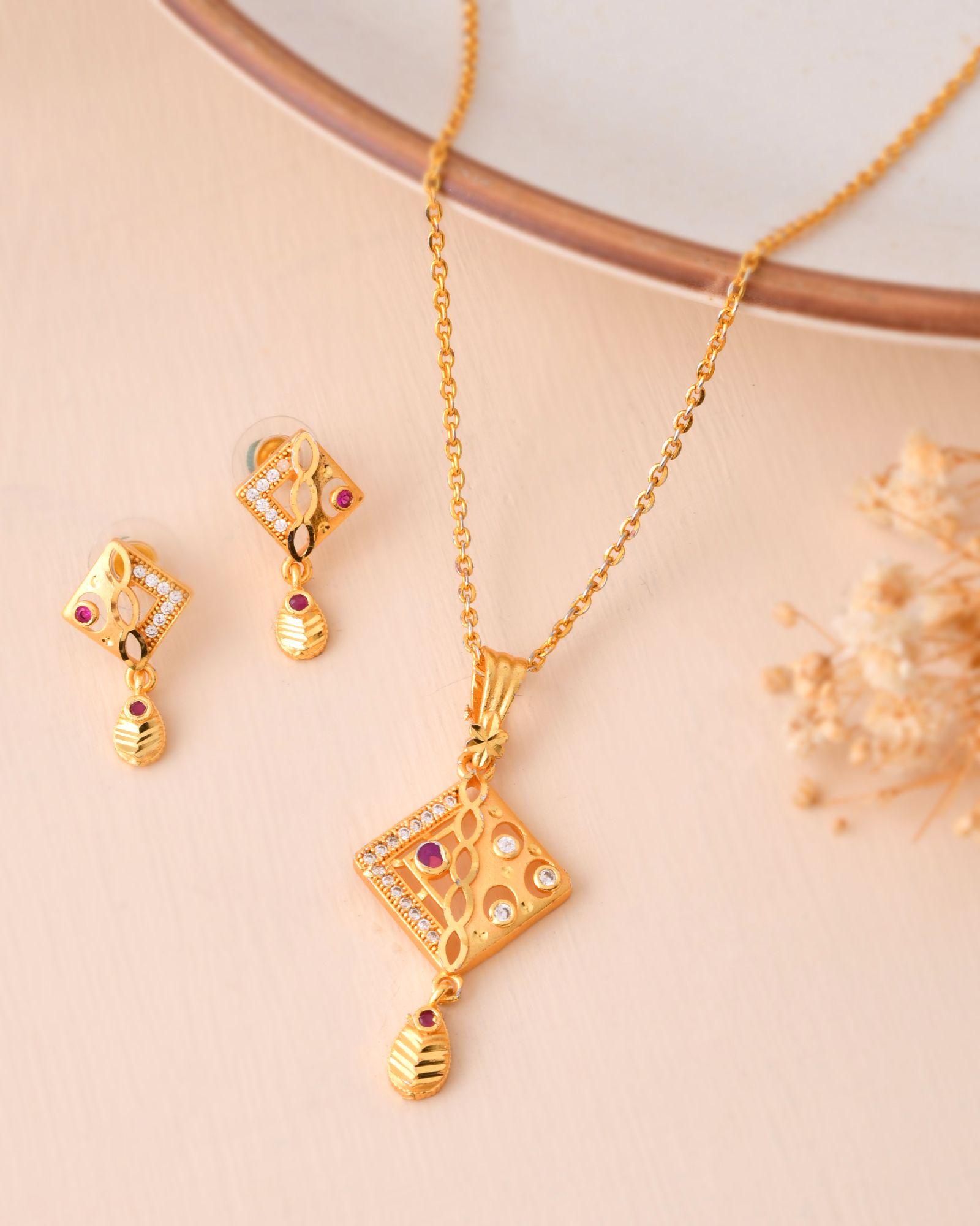 Jewels Nest Gold-Plated Square Pendant Necklace Set With Matching Earrings For Women - Distacart