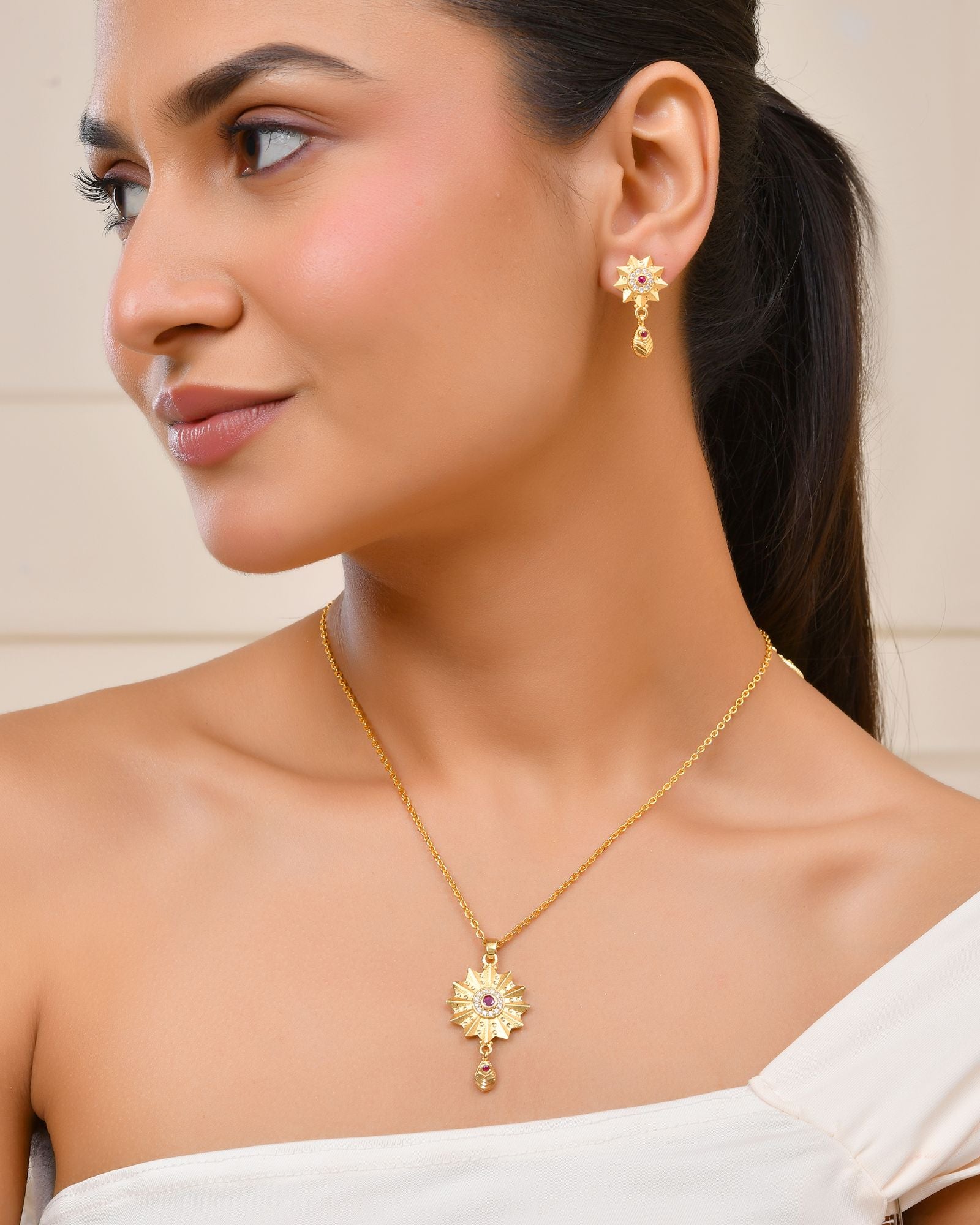 Jewels Nest Gold-Plated Sunburst Pendant Necklace Set With Matching Earrings For Women - Distacart