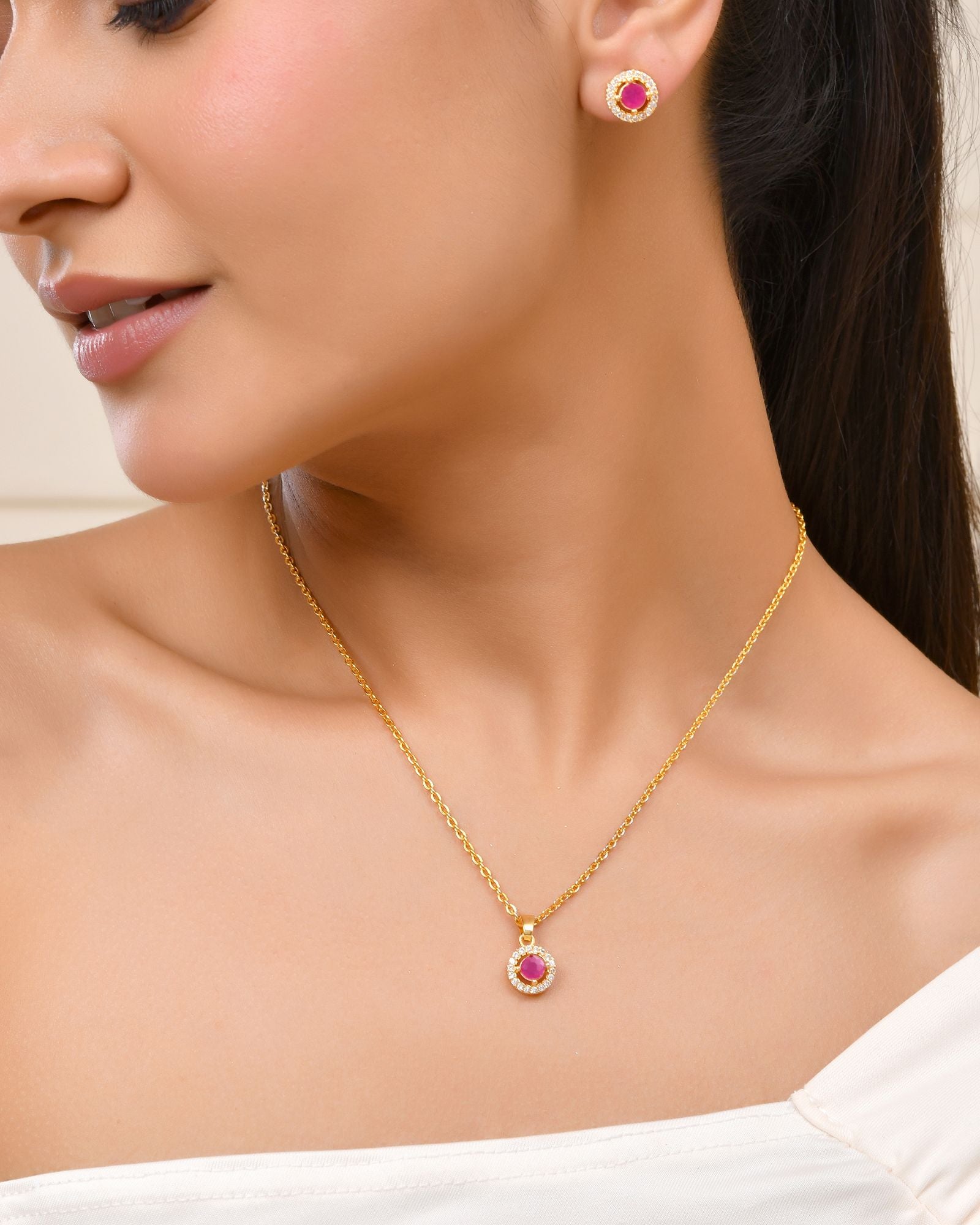 Jewels Nest Gold-Plated Round Pink Stone Pendant Necklace Set With Stud Earrings For Women - Distacart