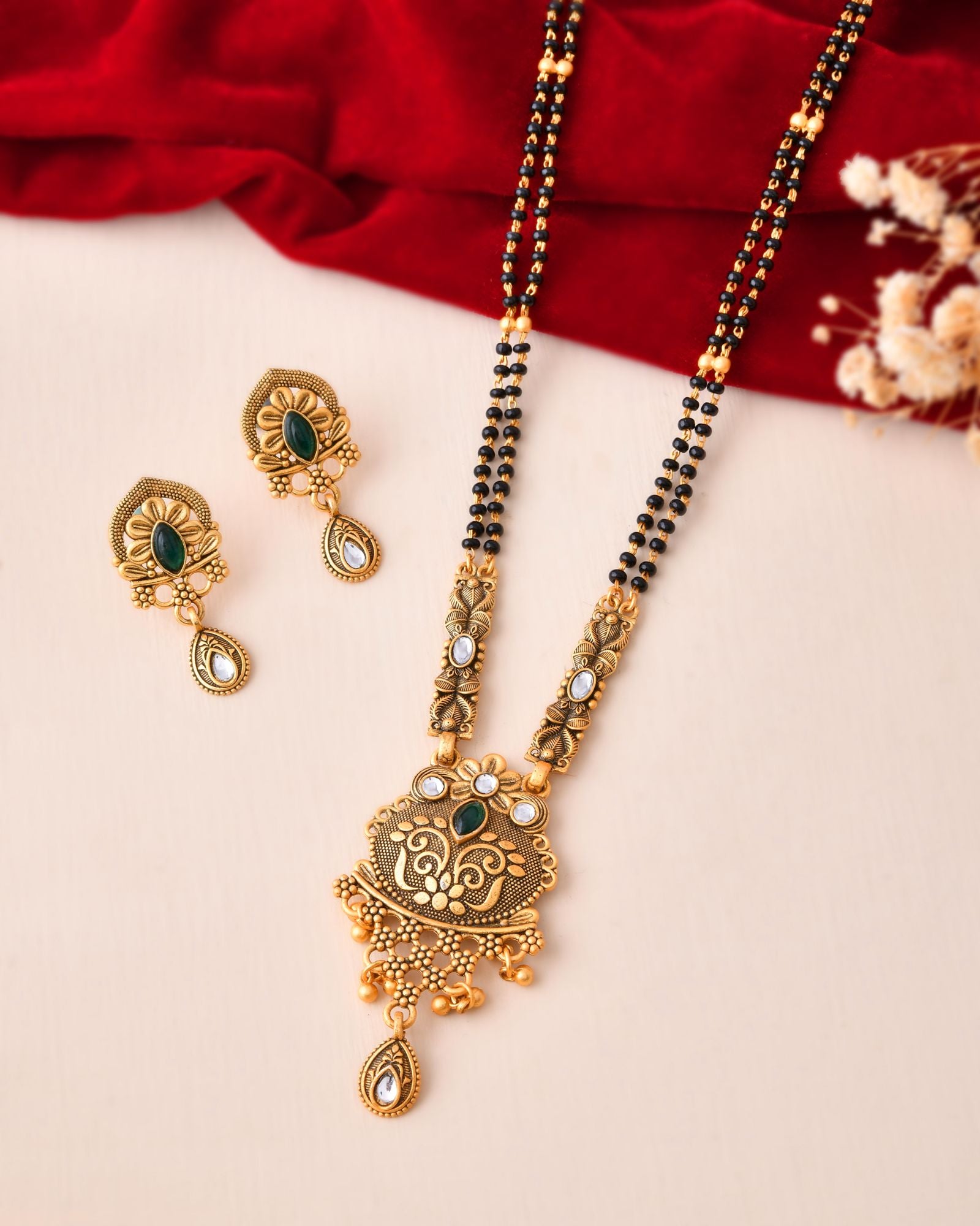 Jewels Nest Antique Gold-Plated Green Stone Temple Mangalsutra Set For Women - Distacart