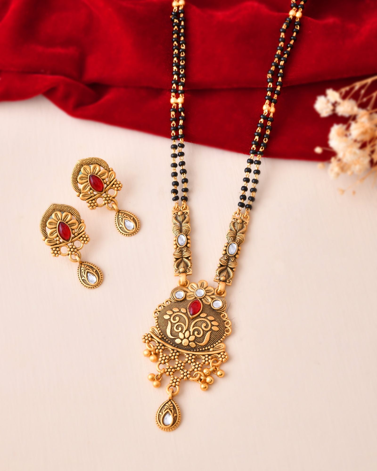 Jewels Nest Antique Gold-Plated Red Stone Temple Mangalsutra Set For Women - Distacart