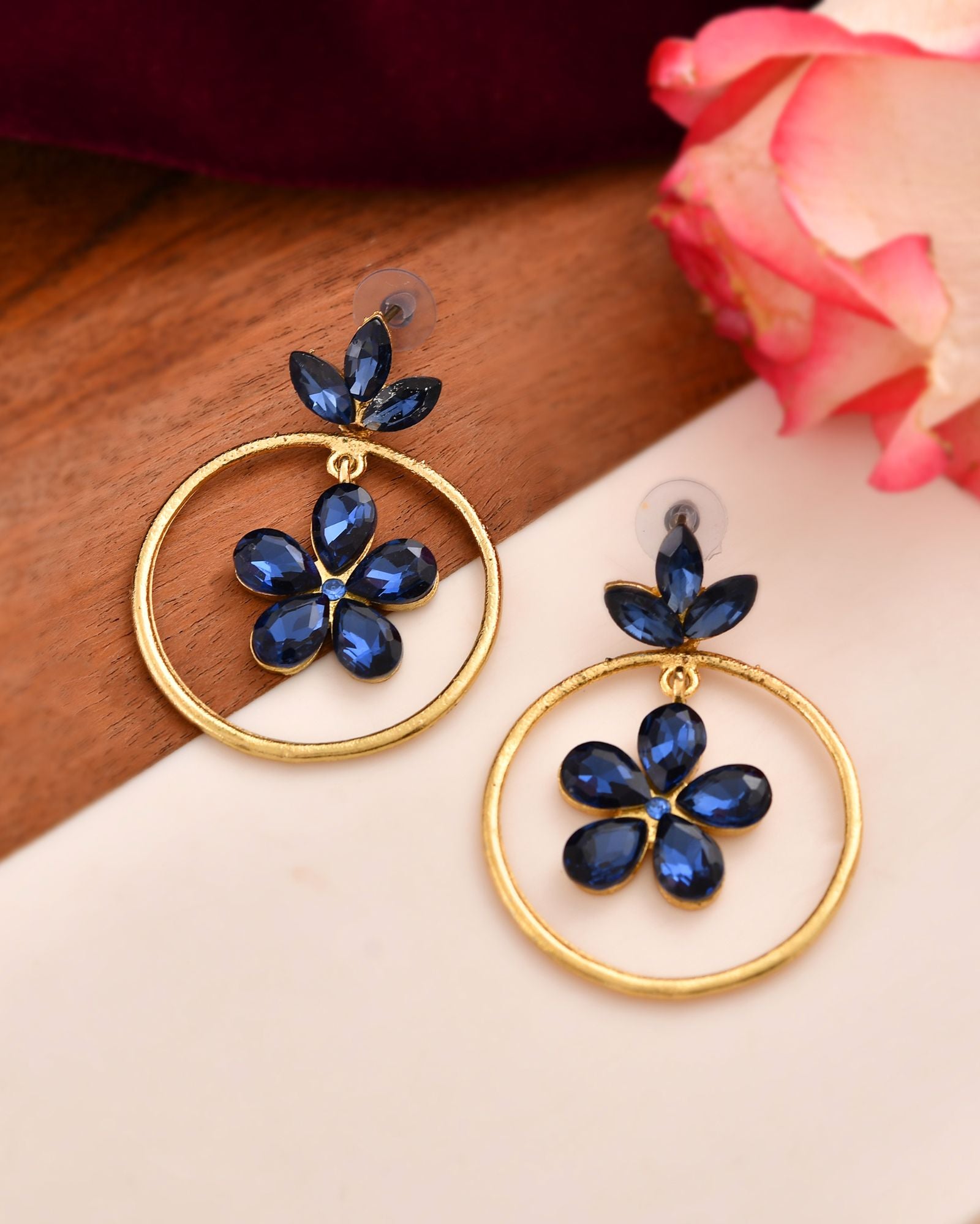 Jewels Nest Gold-Tone Blue Crystal Floral Hoop Earrings For Women - Distacart
