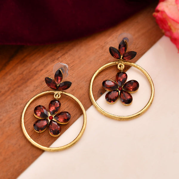 Jewels Nest Gold Tone Dark Maroon Floral Hoop Earrings For Women - Distacart