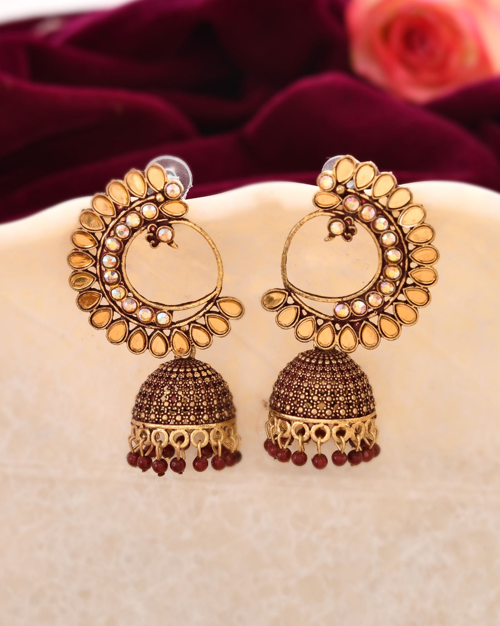 Jewels Nest Gold Plated Kundan Style Jhumka Earrings With Maroon Beads For Women - Distacart