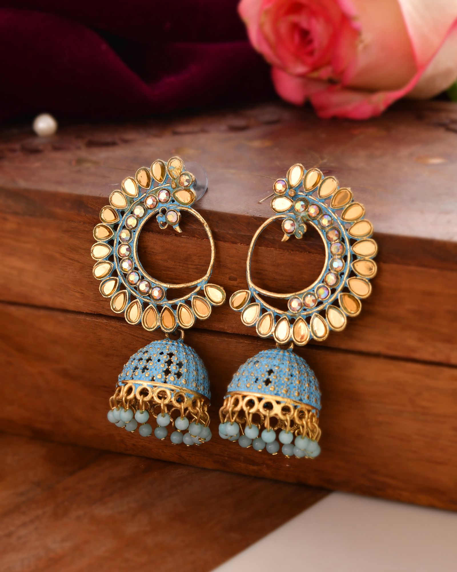 Jewels Nest Gold Plated Kundan Style Blue Jhumka Earrings With Bead Drops For Women - Distacart