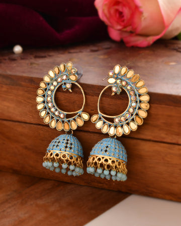 Jewels Nest Gold Plated Kundan Style Blue Jhumka Earrings With Bead Drops For Women - Distacart