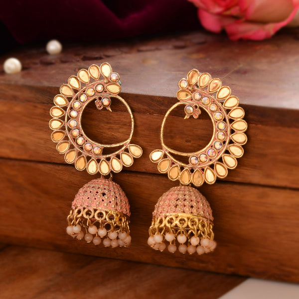 Jewels Nest Gold Plated Kundan Style Pink Jhumka Earrings With Pearl Bead Drops For Women - Distacart