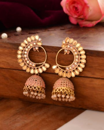 Jewels Nest Gold Plated Kundan Style Pink Jhumka Earrings With Pearl Bead Drops For Women - Distacart