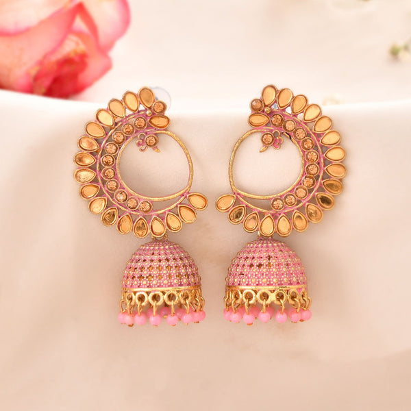Jewels Nest Gold Plated Kundan Style Light Pink Jhumka Earrings With Bead Drops For Women - Distacart