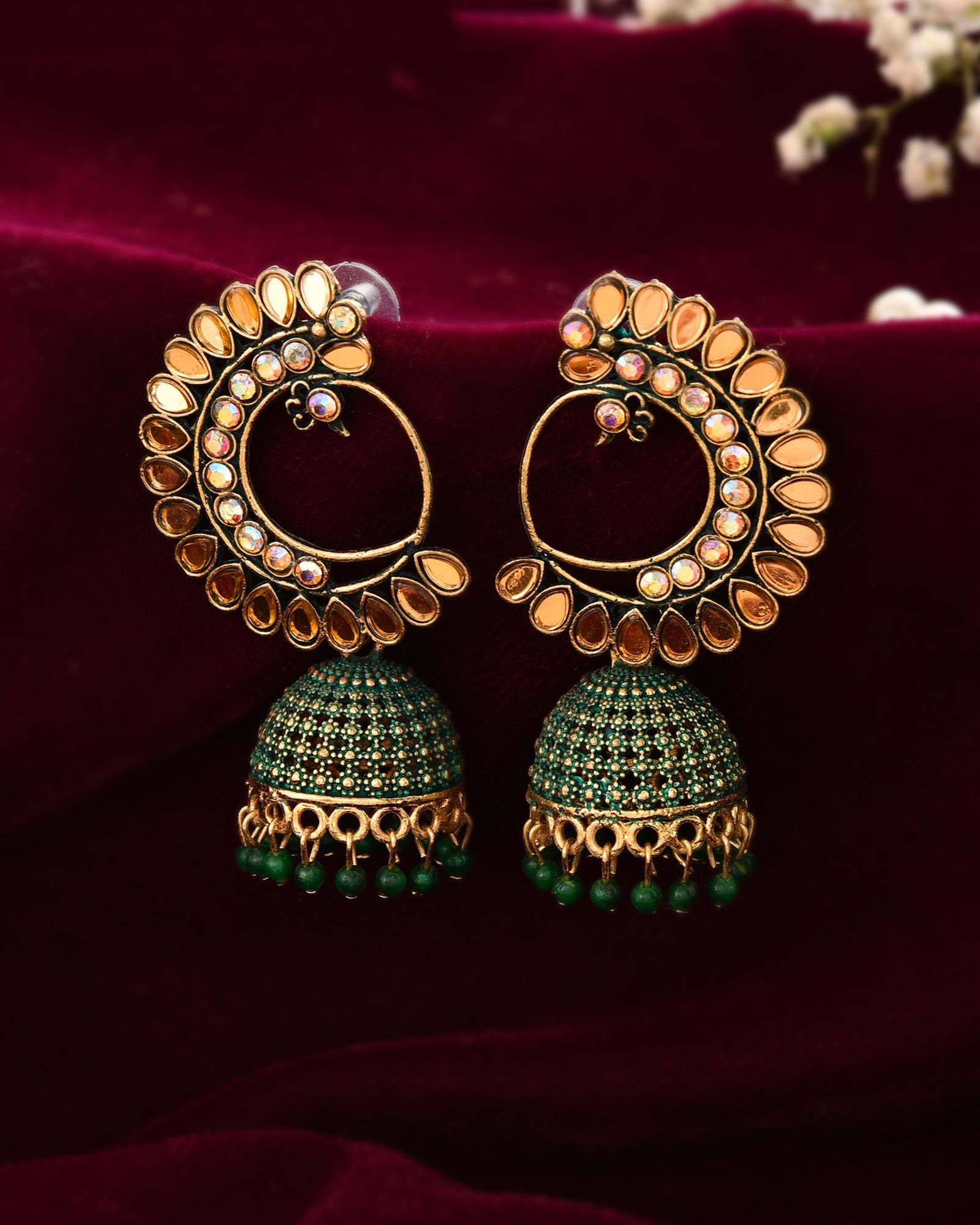 Jewels Nest Gold Plated Kundan Style Green Jhumka Earrings With Bead Drops For Women - Distacart