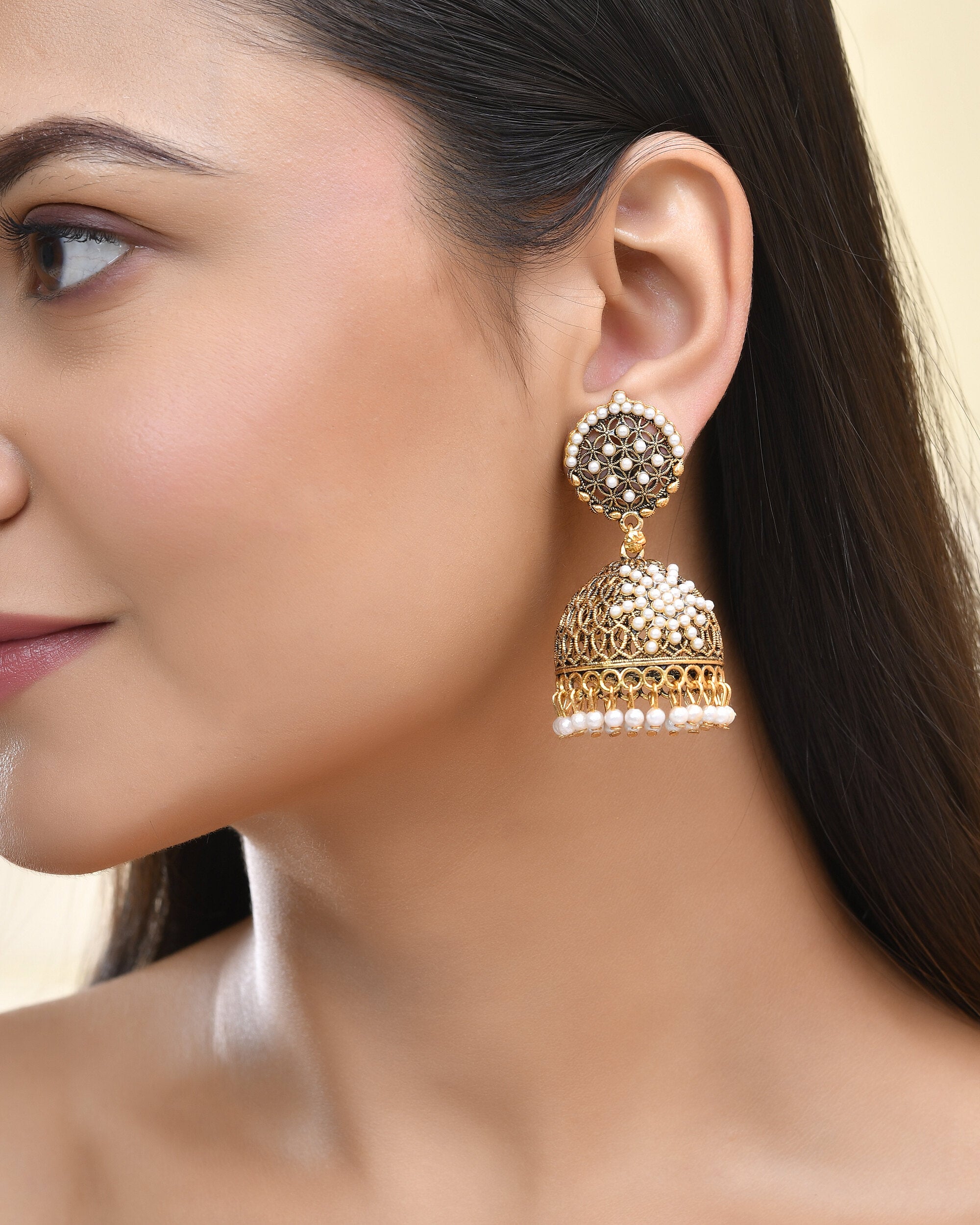 Jewels Nest Gold-Polished Pearl Jhumka Earrings – Traditional Ethnic Design - Distacart