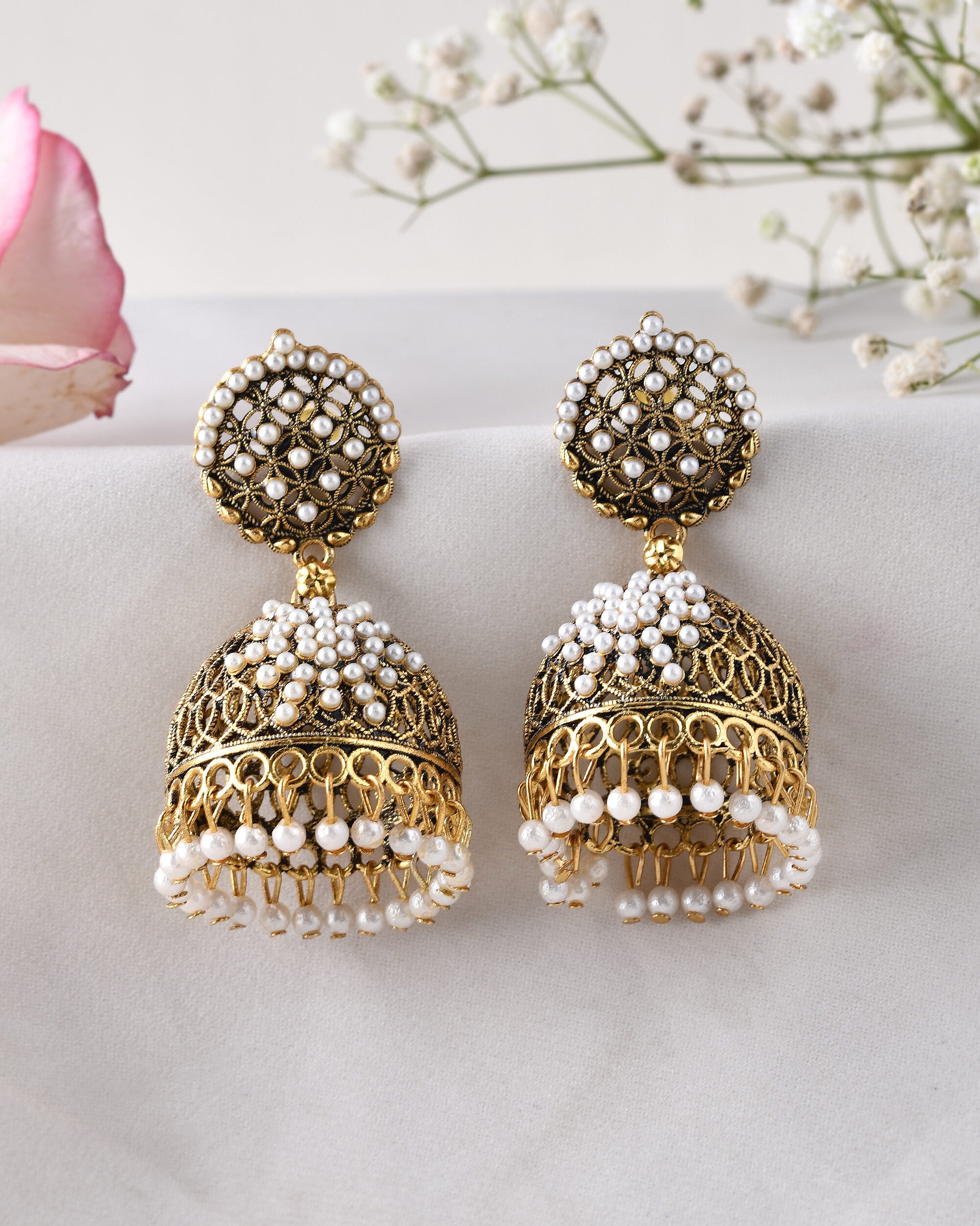 Jewels Nest Gold-Polished Pearl Jhumka Earrings – Traditional Ethnic Design - Distacart