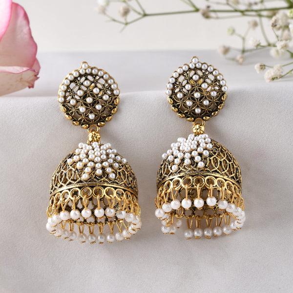 Jewels Nest Gold-Polished Pearl Jhumka Earrings – Traditional Ethnic Design - Distacart