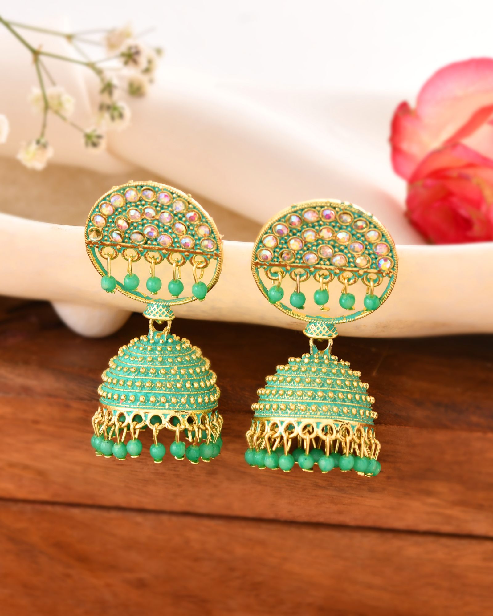 Jewels Nest Gold Plated Kundan Green Dome Jhumka Earrings With Beads For Women - Distacart