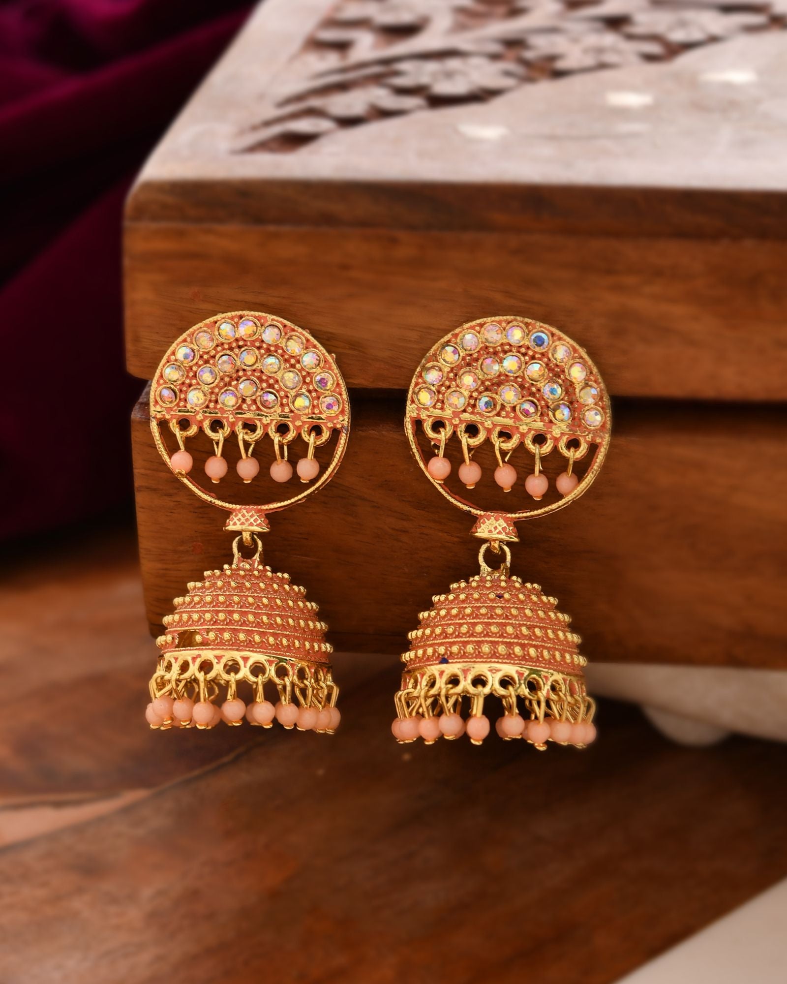 Jewels Nest Gold Plated Kundan Peach Dome Jhumka Earrings With Beads For Women - Distacart