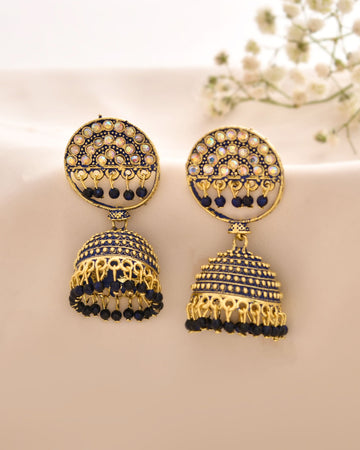 Jewels Nest Gold Plated Kundan Dark Blue Dome Jhumka Earrings With Beads For Women - Distacart