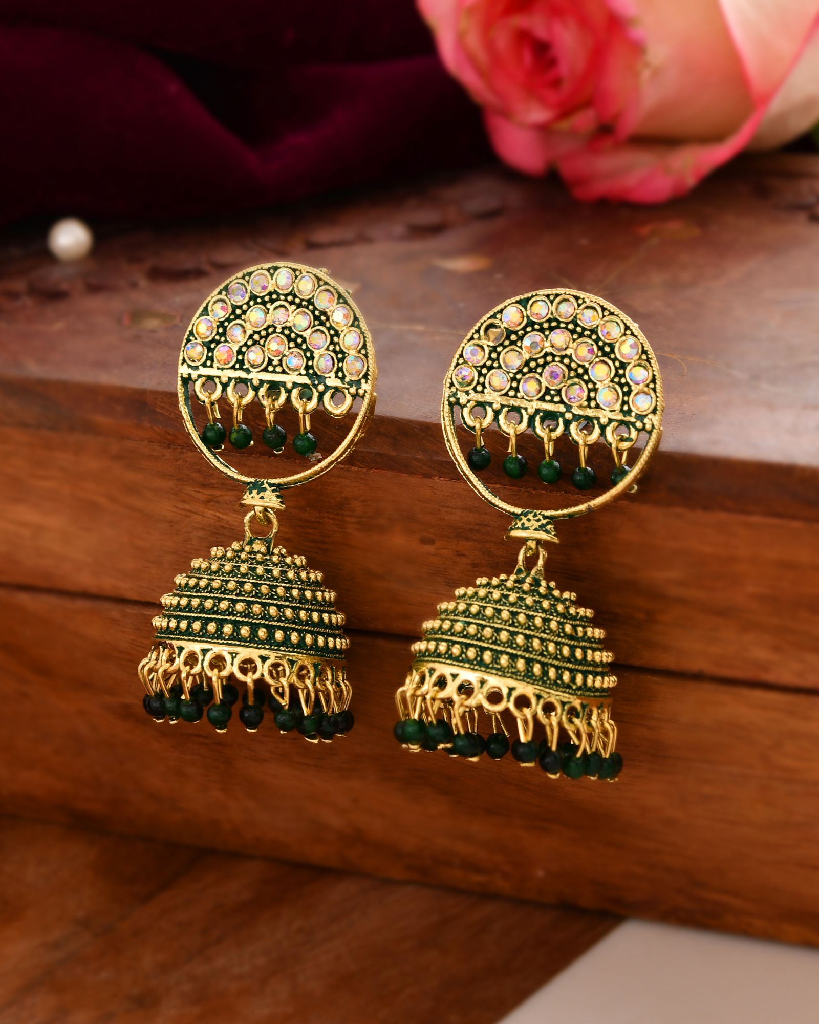 Jewels Nest Gold Plated Kundan Green Dome Jhumka Earrings With Beads For Women - Distacart