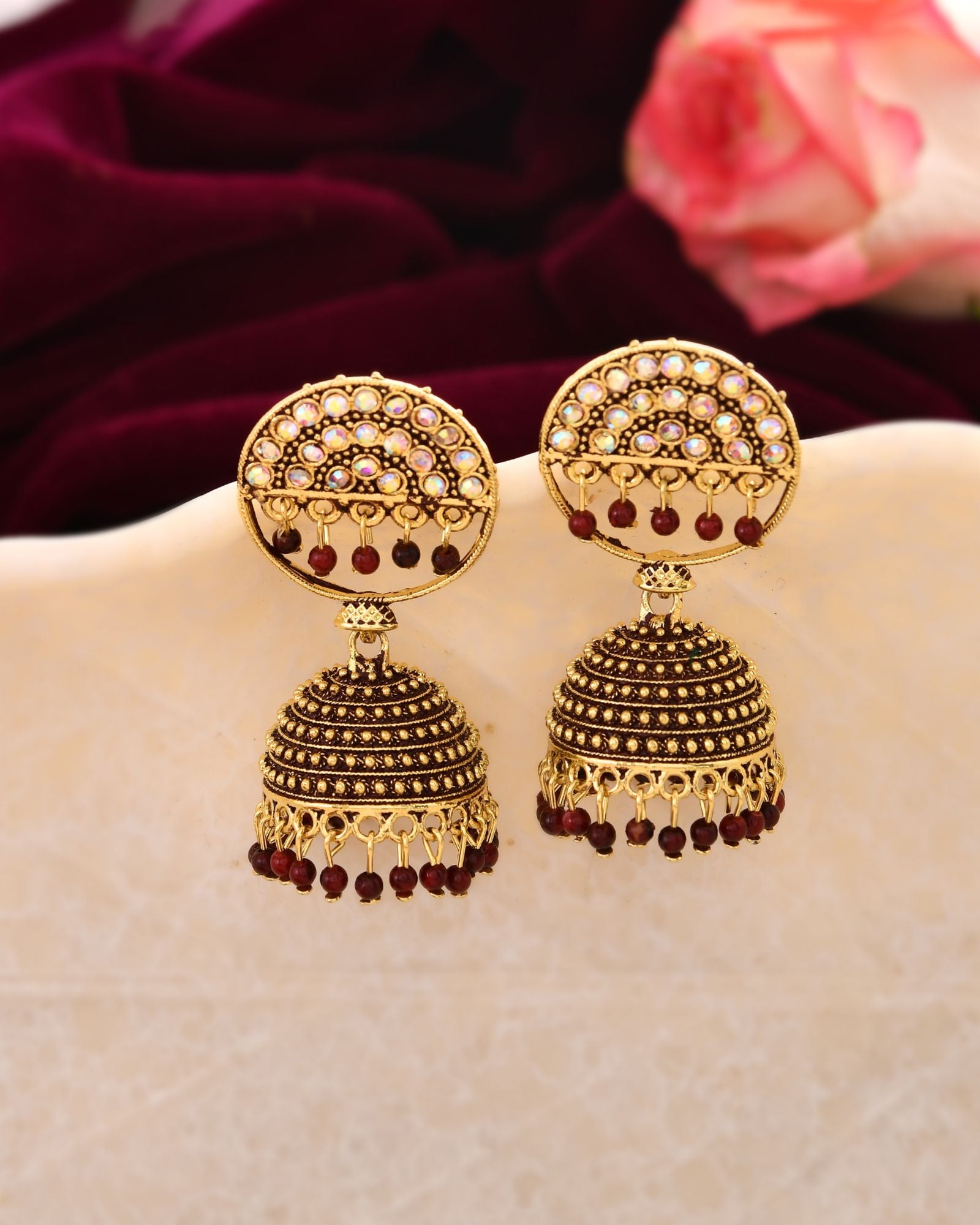Jewels Nest Gold Plated Kundan Studded Maroon Bead Jhumka Earrings For Women - Distacart