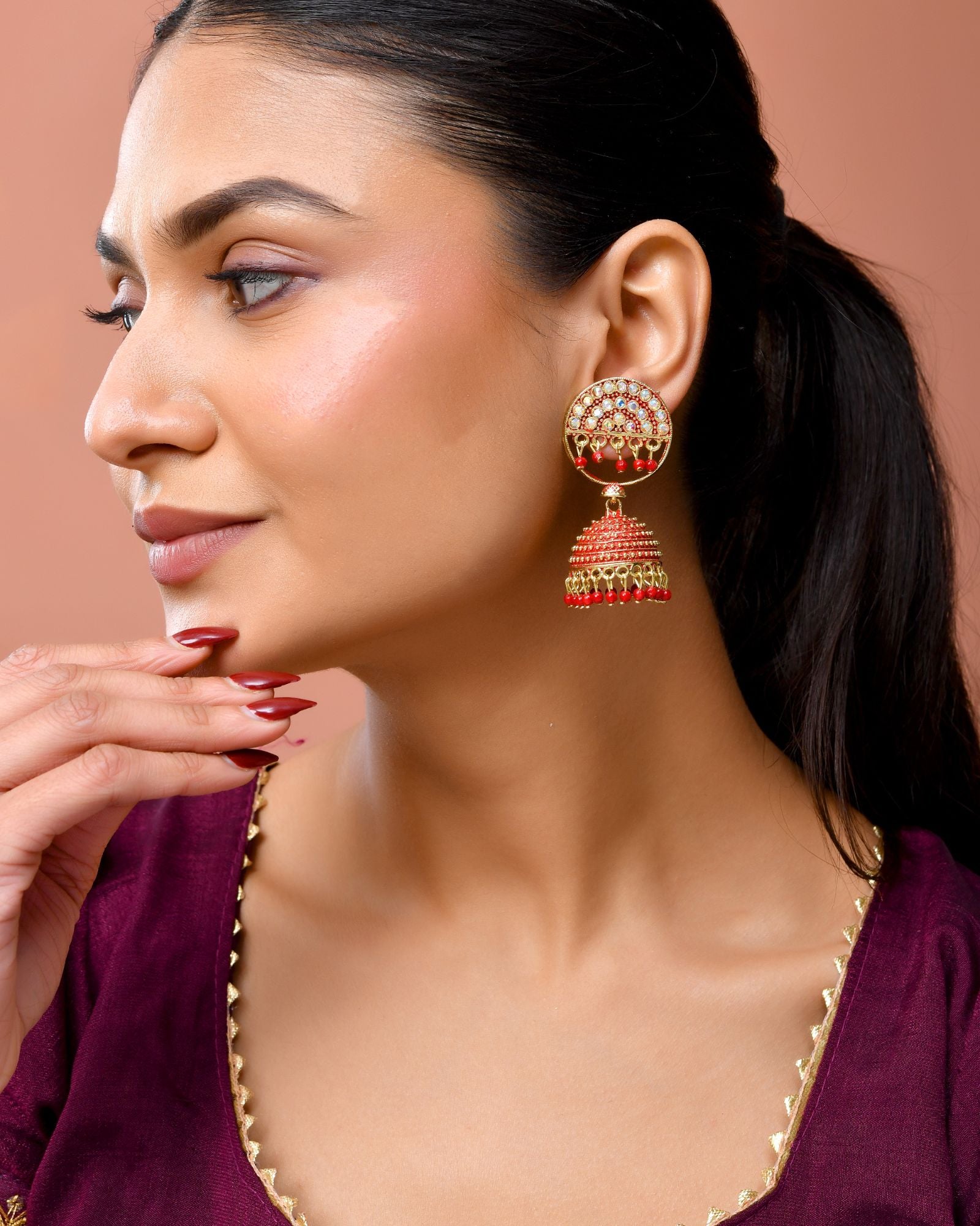 Jewels Nest Gold Plated Kundan Studded Red Bead Jhumka Earrings For Women - Distacart