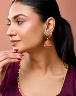 Thumbnail for Jewels Nest Gold Plated Kundan Studded Red Bead Jhumka Earrings For Women - Distacart