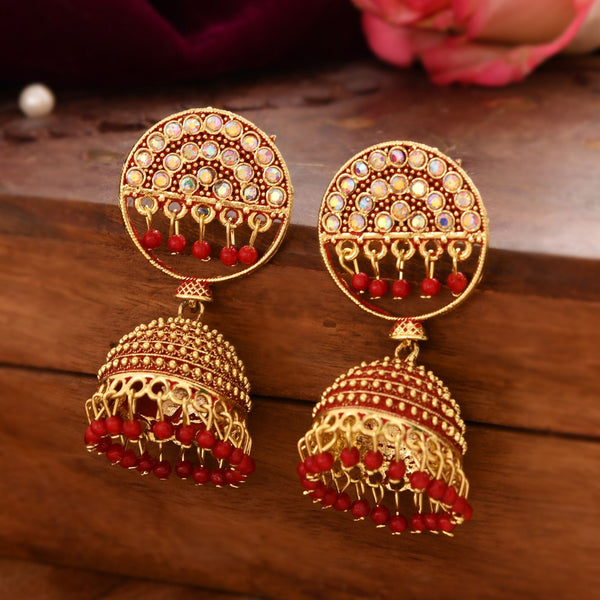 Jewels Nest Gold Plated Kundan Studded Red Bead Jhumka Earrings For Women - Distacart