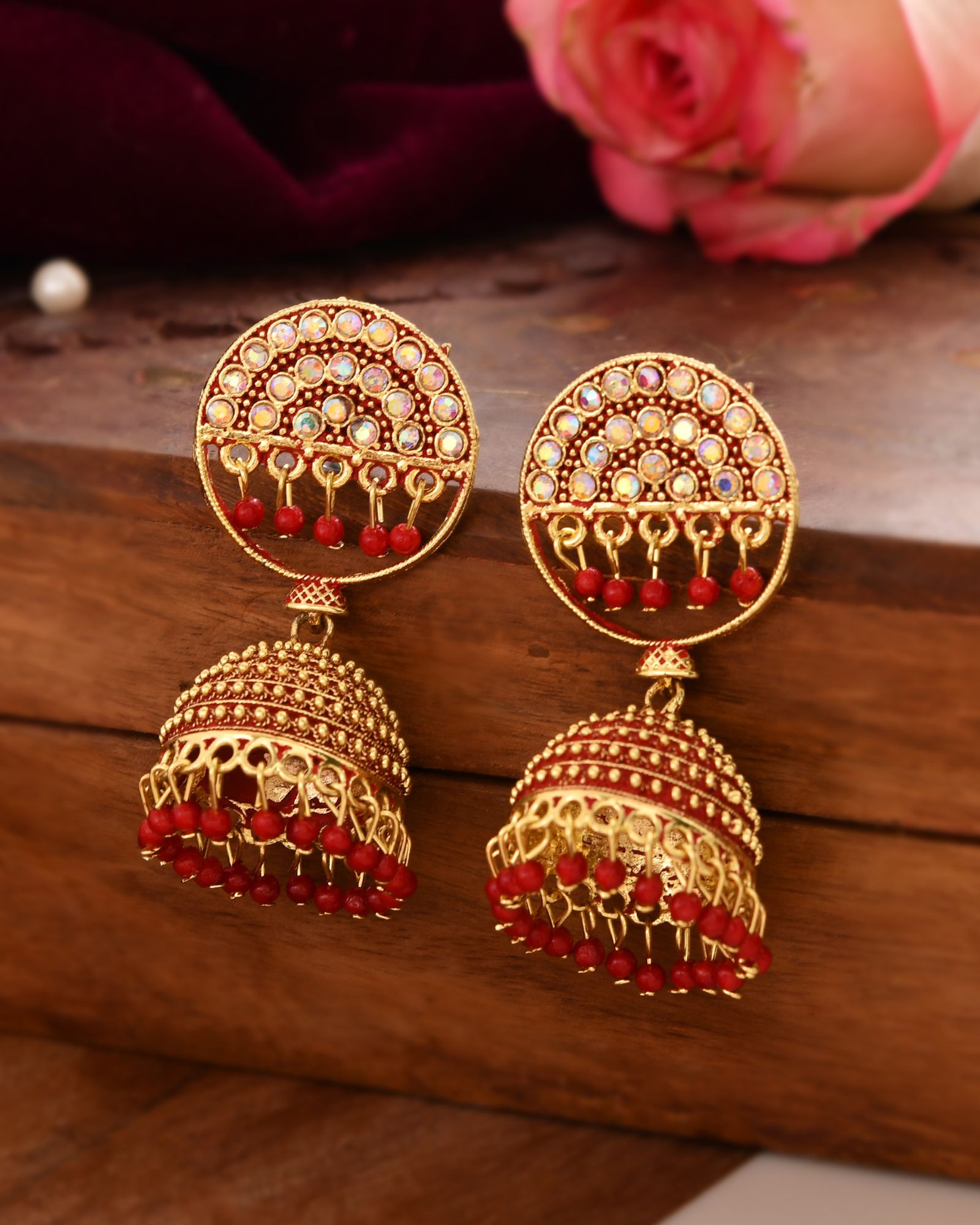 Jewels Nest Gold Plated Kundan Studded Red Bead Jhumka Earrings For Women - Distacart