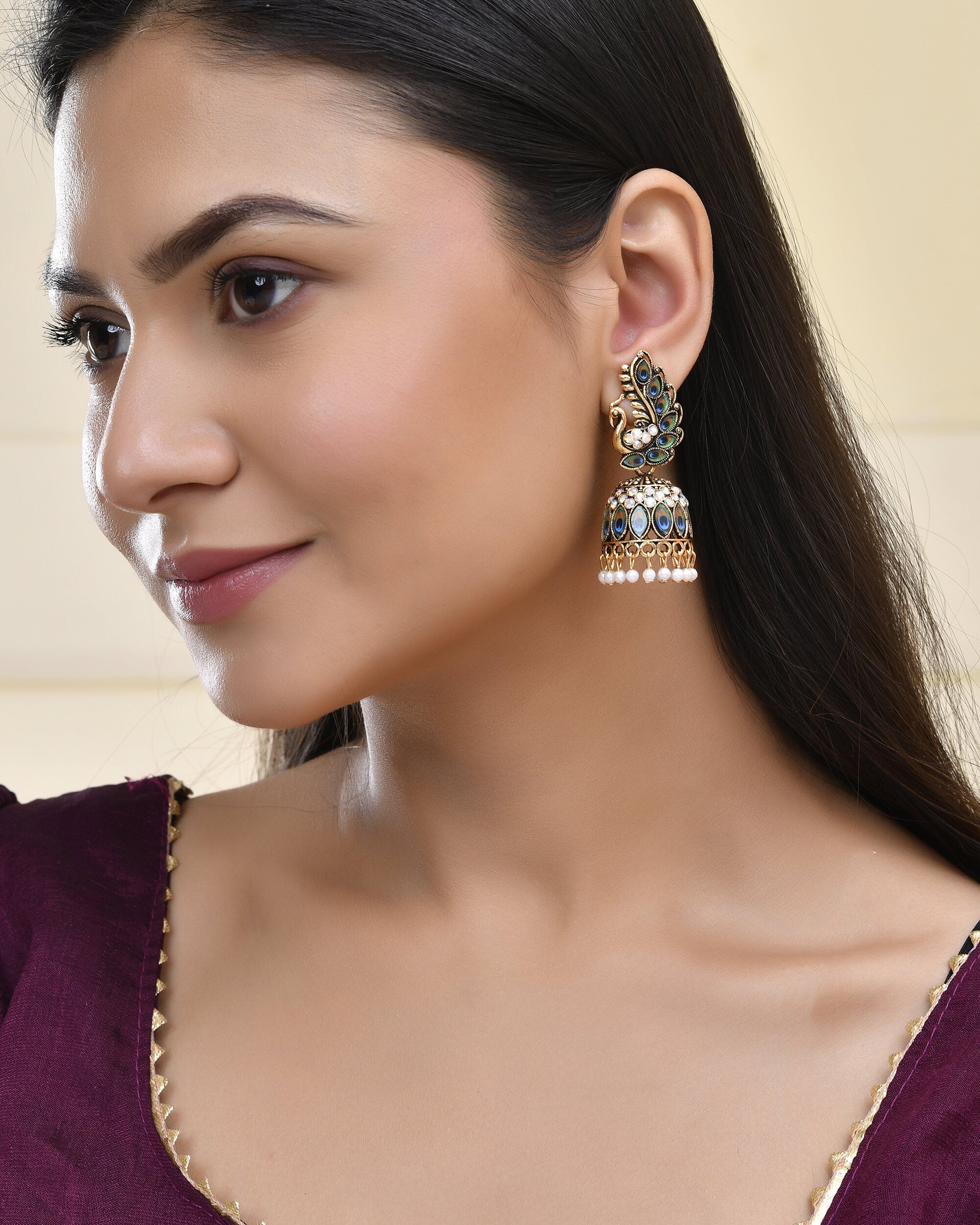 Jewels Nest Peacock-Inspired Gold-Polished Jhumka Earrings with Multicolor Stones - Distacart