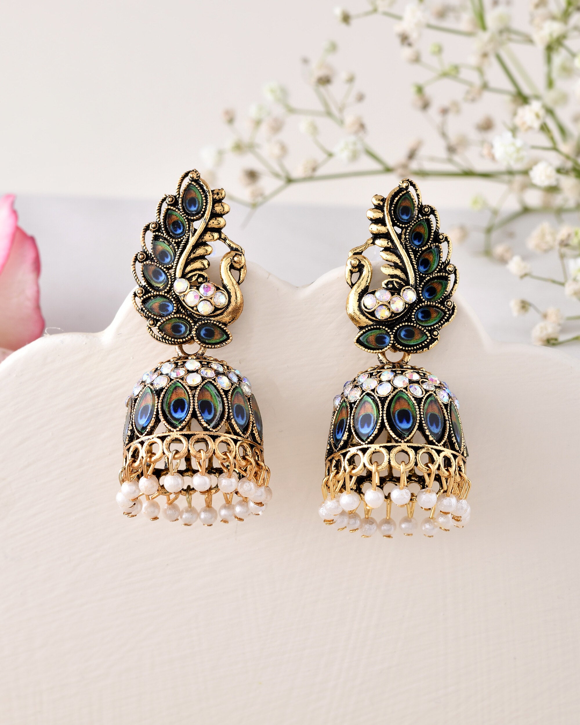 Jewels Nest Peacock-Inspired Gold-Polished Jhumka Earrings with Multicolor Stones - Distacart