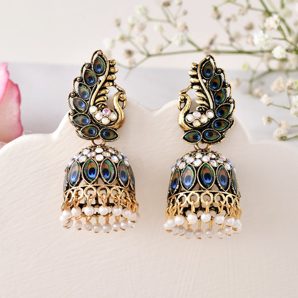 Jewels Nest Peacock-Inspired Gold-Polished Jhumka Earrings with Multicolor Stones - Distacart