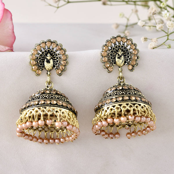 Jewels Nest Antique Gold-Polished Jhumka Earrings with Floral Detailing and Stone Embellishments - Distacart