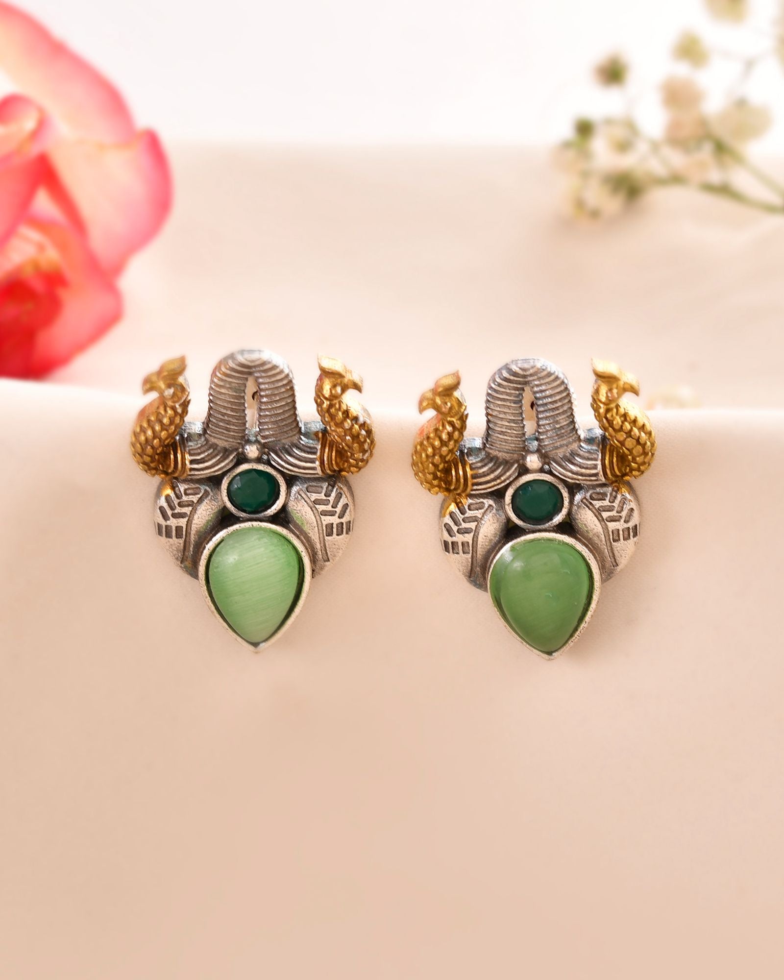 Jewels Nest Oxidised Silver Peacock Stud Earrings With Green Stone For Women - Distacart