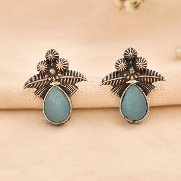 Jewels Nest Oxidised Silver Floral Stud Earrings With Blue Stone For Women - Distacart