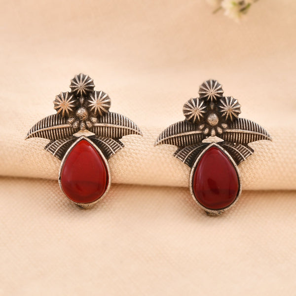 Jewels Nest Oxidised Silver Red Stone Floral Stud Earrings For Women - Distacart