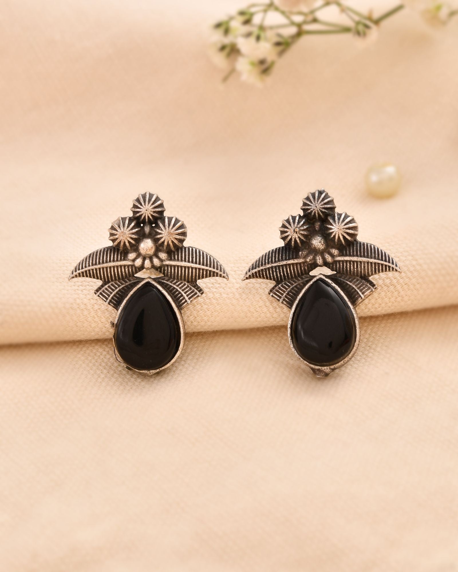 Jewels Nest Oxidised Silver Black Stone Floral Stud Earrings For Women - Distacart