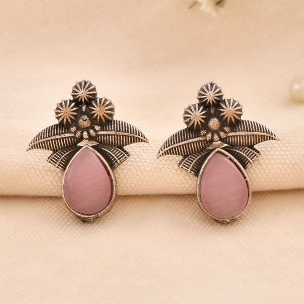 Jewels Nest Oxidised Silver Pink Stone Floral Stud Earrings For Women - Distacart