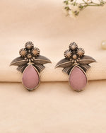 Thumbnail for Jewels Nest Oxidised Silver Pink Stone Floral Stud Earrings For Women - Distacart