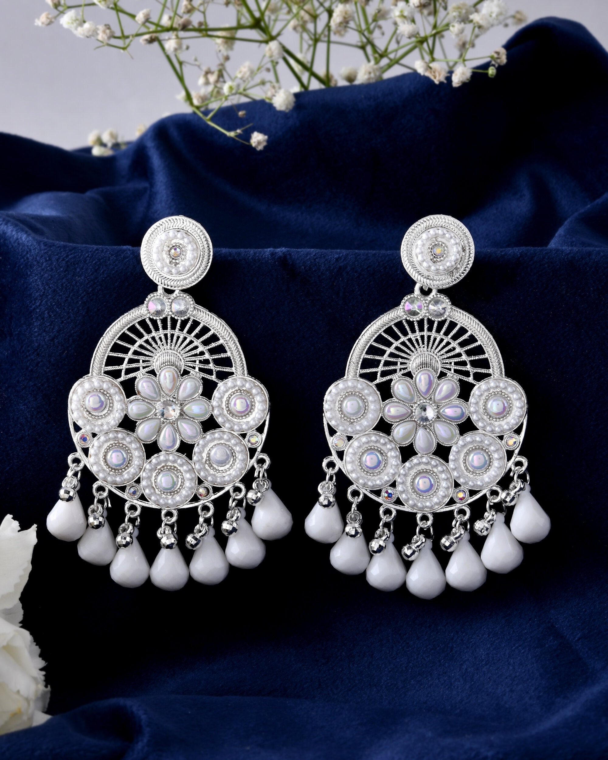 Jewels Nest Silver-Plated White Stone Chandelier Earrings with Floral and Beaded Detailing - Distacart