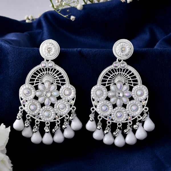 Jewels Nest Silver-Plated White Stone Chandelier Earrings with Floral and Beaded Detailing - Distacart
