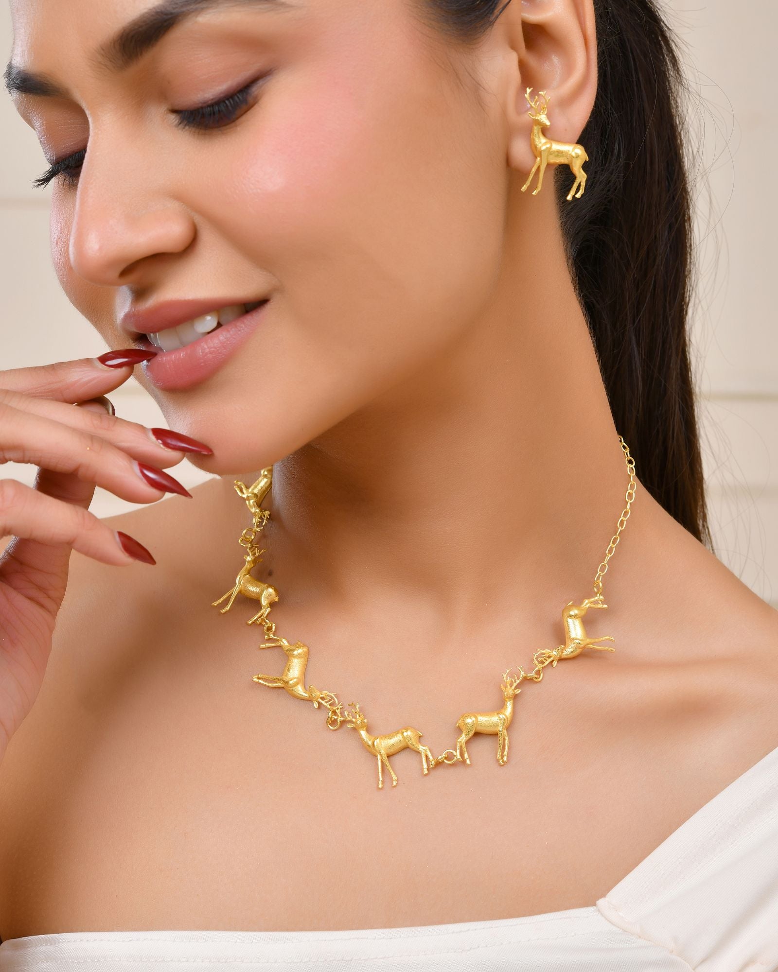 Jewels Nest Gold-Tone Deer Motif Necklace & Stud Earrings Jewellery Set For Women - Distacart