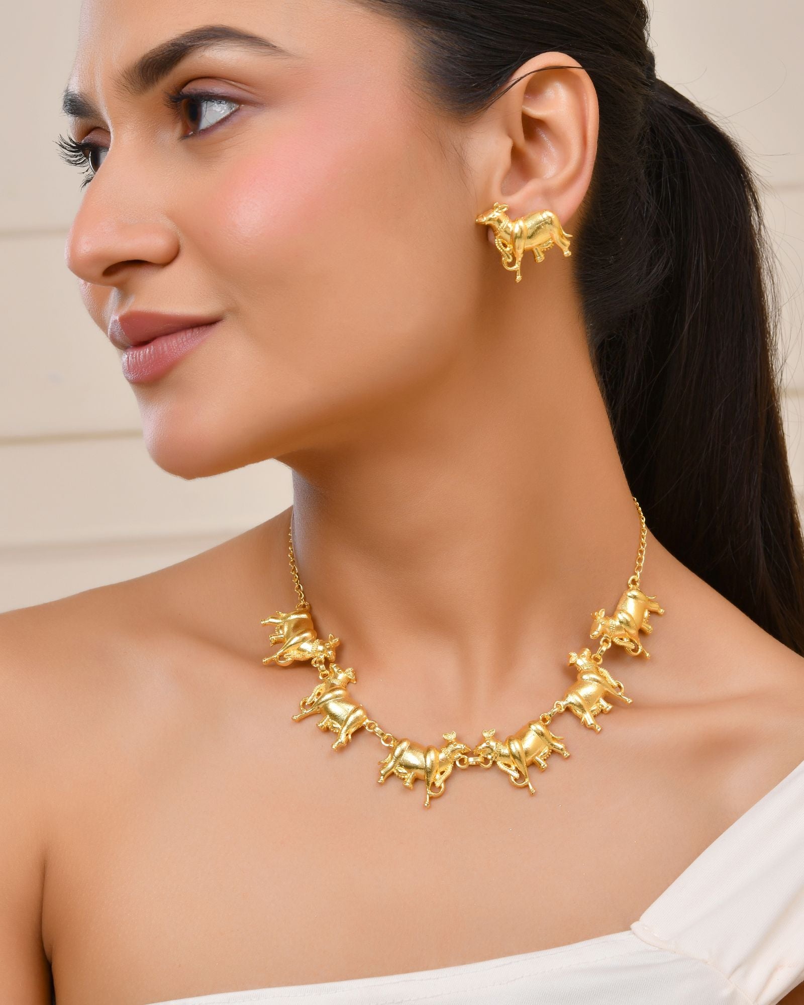 Jewels Nest Gold-Tone Elephant Motif Necklace & Stud Earrings Set For Women | Animal Theme Statement Jewellery - Distacart