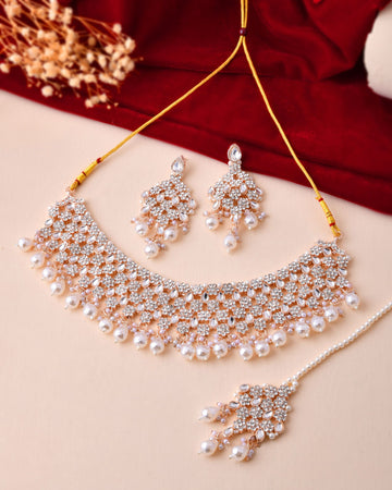 Jewels Nest Silver-Tone Pearl & Crystal Bridal Choker Necklace Set With Earrings And Maang Tikka - Distacart