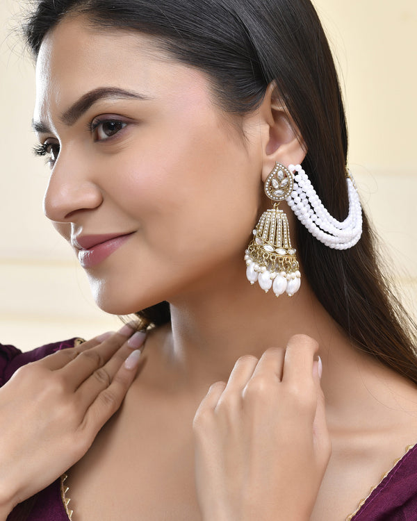 Jewels Nest Grand Traditional Gold and Pearl Jhumka Earrings with Kundan and Layered Pearl Strings