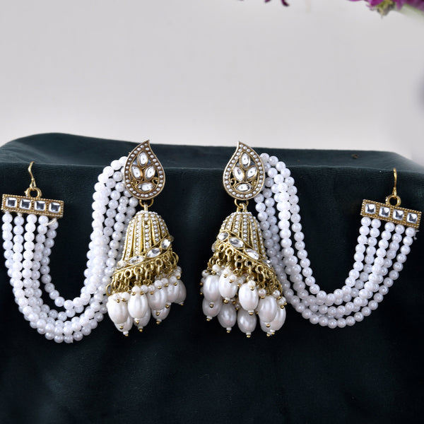 Jewels Nest Grand Traditional Gold and Pearl Jhumka Earrings with Kundan and Layered Pearl Strings - Distacart