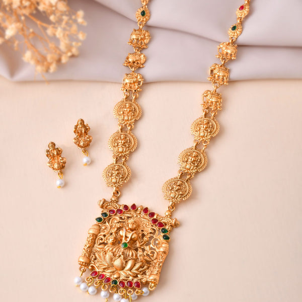 Jewels Nest Gold-Tone Lakshmi Temple Long Necklace Set With Earrings - Distacart